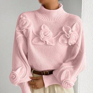 Pink Casual Women's Long Sleeve Floral 3d Turtleneck Pullover Sweater